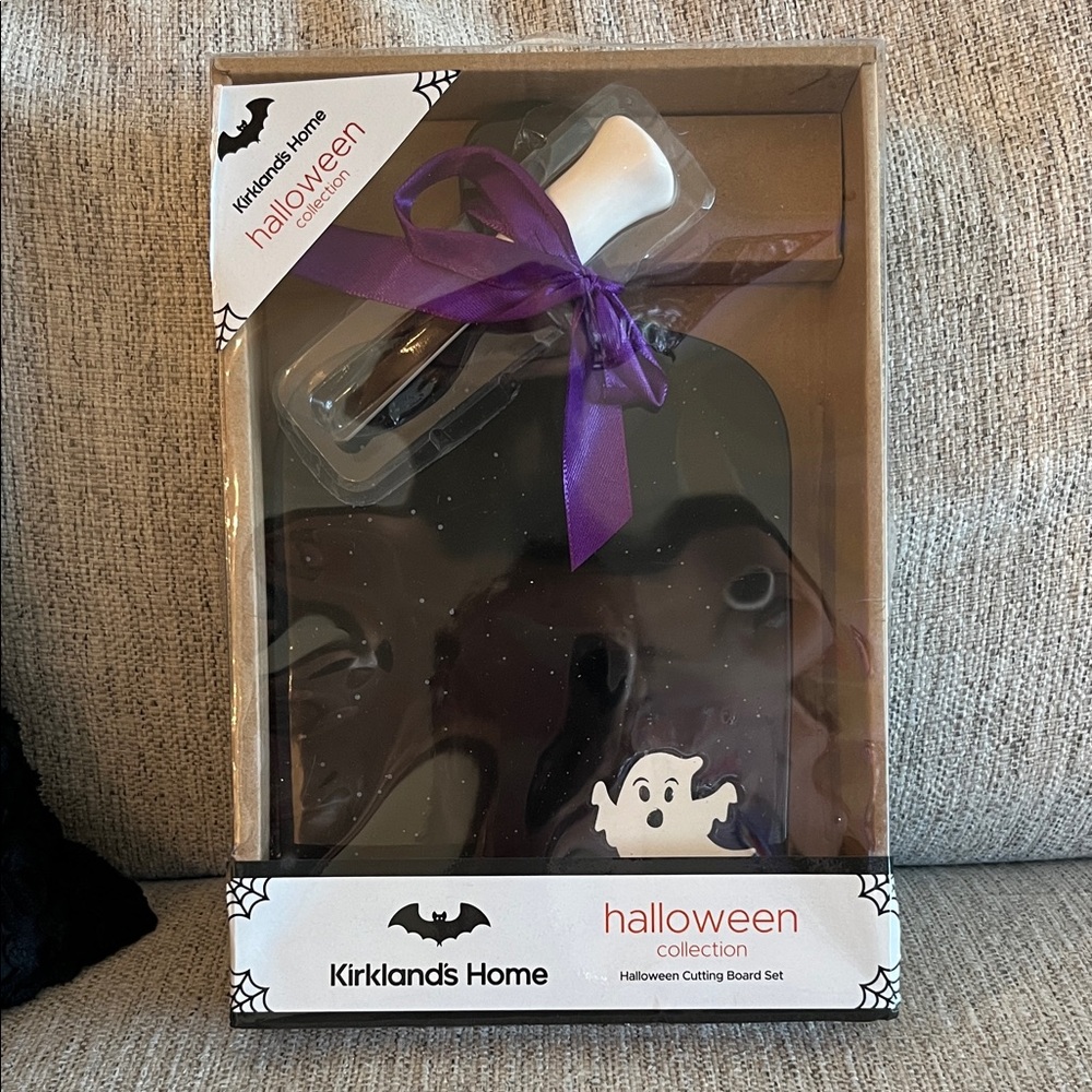 Kirklands Halloween Ghost Cutting Board Set with Purple Ribbon